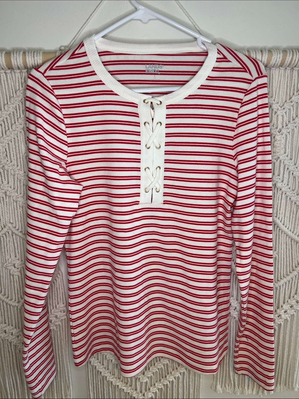 Lands' End Red & White Striped Lace-Up Ribbed Long Sleeve Top